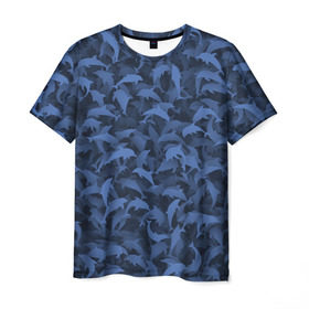 Мужская футболка 3D с принтом Камуфляж с дельфинами в Екатеринбурге, 100% полиэфир | прямой крой, круглый вырез горловины, длина до линии бедер | вода | дельфин | дельфины | милитари | море | океан | паттерн | синий | текстура | черное