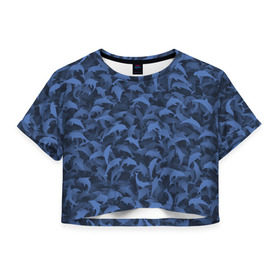 Женская футболка 3D укороченная с принтом Камуфляж с дельфинами в Екатеринбурге, 100% полиэстер | круглая горловина, длина футболки до линии талии, рукава с отворотами | вода | дельфин | дельфины | милитари | море | океан | паттерн | синий | текстура | черное