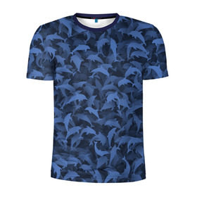 Мужская футболка 3D спортивная с принтом Камуфляж с дельфинами в Екатеринбурге, 100% полиэстер с улучшенными характеристиками | приталенный силуэт, круглая горловина, широкие плечи, сужается к линии бедра | Тематика изображения на принте: вода | дельфин | дельфины | милитари | море | океан | паттерн | синий | текстура | черное