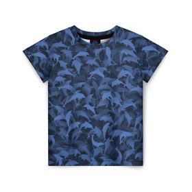Детская футболка 3D с принтом Камуфляж с дельфинами в Екатеринбурге, 100% гипоаллергенный полиэфир | прямой крой, круглый вырез горловины, длина до линии бедер, чуть спущенное плечо, ткань немного тянется | вода | дельфин | дельфины | милитари | море | океан | паттерн | синий | текстура | черное