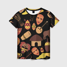 Женская футболка 3D с принтом Бужумбура в Екатеринбурге, 100% полиэфир ( синтетическое хлопкоподобное полотно) | прямой крой, круглый вырез горловины, длина до линии бедер | африка | барабан | маска | слон | черный