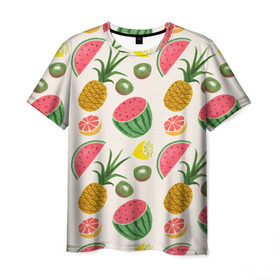 Мужская футболка 3D с принтом Тропический рай в Екатеринбурге, 100% полиэфир | прямой крой, круглый вырез горловины, длина до линии бедер | ананас | арбуз | киви | лимон | манго | паттерн | тропики | фрукты