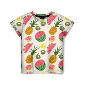 Детская футболка 3D с принтом Тропический рай в Екатеринбурге, 100% гипоаллергенный полиэфир | прямой крой, круглый вырез горловины, длина до линии бедер, чуть спущенное плечо, ткань немного тянется | Тематика изображения на принте: ананас | арбуз | киви | лимон | манго | паттерн | тропики | фрукты