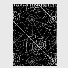 Скетчбук с принтом Паутинка в Екатеринбурге, 100% бумага
 | 48 листов, плотность листов — 100 г/м2, плотность картонной обложки — 250 г/м2. Листы скреплены сверху удобной пружинной спиралью | белый | паутина | узор | хэллоуин | черный