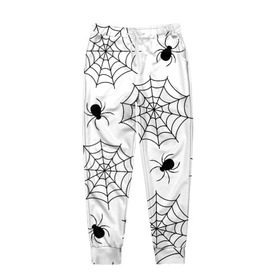 Мужские брюки 3D с принтом Паутинка в Екатеринбурге, 100% полиэстер | манжеты по низу, эластичный пояс регулируется шнурком, по бокам два кармана без застежек, внутренняя часть кармана из мелкой сетки | белый | паук | паутина | узор | хэллоуин | черный