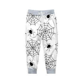 Детские брюки 3D с принтом Паутинка в Екатеринбурге, 100% полиэстер | манжеты по низу, эластичный пояс регулируется шнурком, по бокам два кармана без застежек, внутренняя часть кармана из мелкой сетки | белый | паук | паутина | узор | хэллоуин | черный