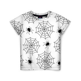 Детская футболка 3D с принтом Паутинка в Екатеринбурге, 100% гипоаллергенный полиэфир | прямой крой, круглый вырез горловины, длина до линии бедер, чуть спущенное плечо, ткань немного тянется | Тематика изображения на принте: белый | паук | паутина | узор | хэллоуин | черный