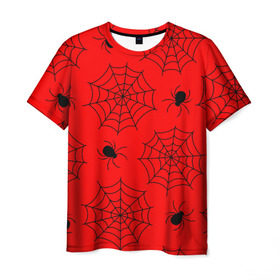 Мужская футболка 3D с принтом Happy Halloween в Екатеринбурге, 100% полиэфир | прямой крой, круглый вырез горловины, длина до линии бедер | Тематика изображения на принте: белый | паук | паутина | узор | хэллоуин | черный