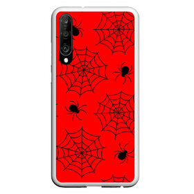 Чехол для Honor P30 с принтом Happy Halloween в Екатеринбурге, Силикон | Область печати: задняя сторона чехла, без боковых панелей | белый | паук | паутина | узор | хэллоуин | черный