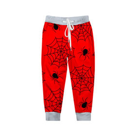 Детские брюки 3D с принтом Happy Halloween в Екатеринбурге, 100% полиэстер | манжеты по низу, эластичный пояс регулируется шнурком, по бокам два кармана без застежек, внутренняя часть кармана из мелкой сетки | белый | паук | паутина | узор | хэллоуин | черный