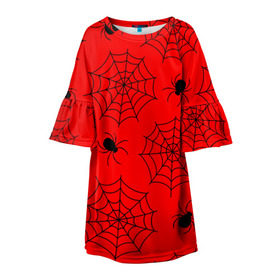 Детское платье 3D с принтом Happy Halloween в Екатеринбурге, 100% полиэстер | прямой силуэт, чуть расширенный к низу. Круглая горловина, на рукавах — воланы | Тематика изображения на принте: белый | паук | паутина | узор | хэллоуин | черный