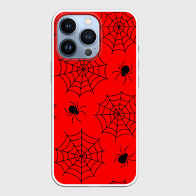 Чехол для iPhone 13 Pro с принтом Happy Halloween в Екатеринбурге,  |  | белый | паук | паутина | узор | хэллоуин | черный