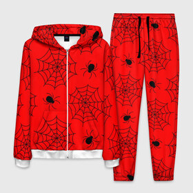 Мужской костюм 3D с принтом Happy Halloween в Екатеринбурге, 100% полиэстер | Манжеты и пояс оформлены тканевой резинкой, двухслойный капюшон со шнурком для регулировки, карманы спереди | белый | паук | паутина | узор | хэллоуин | черный