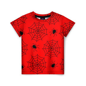 Детская футболка 3D с принтом Happy Halloween в Екатеринбурге, 100% гипоаллергенный полиэфир | прямой крой, круглый вырез горловины, длина до линии бедер, чуть спущенное плечо, ткань немного тянется | белый | паук | паутина | узор | хэллоуин | черный