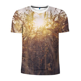 Мужская футболка 3D спортивная с принтом Солнце во ржи в Екатеринбурге, 100% полиэстер с улучшенными характеристиками | приталенный силуэт, круглая горловина, широкие плечи, сужается к линии бедра | восход | закат | лучи | поле | природа | растения | рож | солнце | тепло