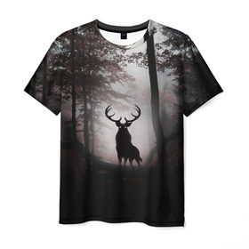 Мужская футболка 3D с принтом Лес / Олень в тумане в Екатеринбурге, 100% полиэфир | прямой крой, круглый вырез горловины, длина до линии бедер | абстракция | арт | глаза | девушка | деревья | животное | животные | лес | листья | лучшие | ночь | олень | пейзаж | природа | туман | хеллоуин