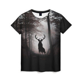 Женская футболка 3D с принтом Лес / Олень в тумане в Екатеринбурге, 100% полиэфир ( синтетическое хлопкоподобное полотно) | прямой крой, круглый вырез горловины, длина до линии бедер | абстракция | арт | глаза | девушка | деревья | животное | животные | лес | листья | лучшие | ночь | олень | пейзаж | природа | туман | хеллоуин