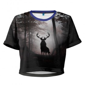 Женская футболка 3D укороченная с принтом Лес / Олень в тумане в Екатеринбурге, 100% полиэстер | круглая горловина, длина футболки до линии талии, рукава с отворотами | абстракция | арт | глаза | девушка | деревья | животное | животные | лес | листья | лучшие | ночь | олень | пейзаж | природа | туман | хеллоуин