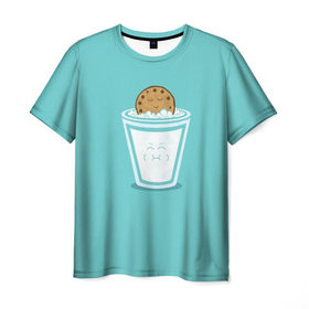 Мужская футболка 3D с принтом Молоко и печенюшка в Екатеринбурге, 100% полиэфир | прямой крой, круглый вырез горловины, длина до линии бедер | Тематика изображения на принте: еда | завтрак | здоровье | молоко | печенье | шоколад