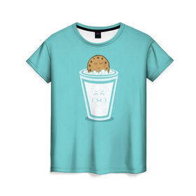 Женская футболка 3D с принтом Молоко и печенюшка в Екатеринбурге, 100% полиэфир ( синтетическое хлопкоподобное полотно) | прямой крой, круглый вырез горловины, длина до линии бедер | еда | завтрак | здоровье | молоко | печенье | шоколад