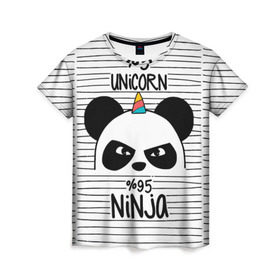 Женская футболка 3D с принтом 5% Единорог 95% Ниндзя в Екатеринбурге, 100% полиэфир ( синтетическое хлопкоподобное полотно) | прямой крой, круглый вырез горловины, длина до линии бедер | Тематика изображения на принте: animals | ninja | panda | rainbow | stripes | единорог | животные | зверь | линии | ниндзя | панда | полосы | радуга | самурай