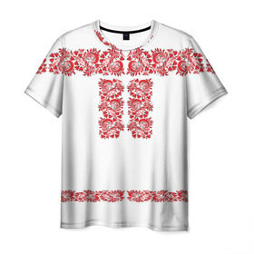 Мужская футболка 3D с принтом Вышиванка в Екатеринбурге, 100% полиэфир | прямой крой, круглый вырез горловины, длина до линии бедер | белорусская | вышиванка | древнерусская | к празднику | косоворотка | красные | масленица | национальная одежда | патриотическая | рубаха | русская | узоры | украинская