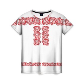 Женская футболка 3D с принтом Вышиванка в Екатеринбурге, 100% полиэфир ( синтетическое хлопкоподобное полотно) | прямой крой, круглый вырез горловины, длина до линии бедер | белорусская | вышиванка | древнерусская | к празднику | косоворотка | красные | масленица | национальная одежда | патриотическая | рубаха | русская | узоры | украинская