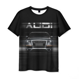 Мужская футболка 3D с принтом Audi Q7 скорость в Екатеринбурге, 100% полиэфир | прямой крой, круглый вырез горловины, длина до линии бедер | Тематика изображения на принте: audi | авто | автомобиль | ауди | кольца | красивая | кроссовер | крутая | марка | машина | надпись | немецкая иномарка | прикольная | тачка | черная | эмблема