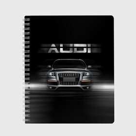 Тетрадь с принтом Audi Q7 скорость в Екатеринбурге, 100% бумага | 48 листов, плотность листов — 60 г/м2, плотность картонной обложки — 250 г/м2. Листы скреплены сбоку удобной пружинной спиралью. Уголки страниц и обложки скругленные. Цвет линий — светло-серый
 | audi | авто | автомобиль | ауди | кольца | красивая | кроссовер | крутая | марка | машина | надпись | немецкая иномарка | прикольная | тачка | черная | эмблема