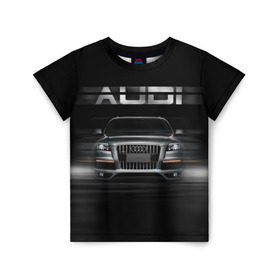 Детская футболка 3D с принтом Audi Q7 скорость в Екатеринбурге, 100% гипоаллергенный полиэфир | прямой крой, круглый вырез горловины, длина до линии бедер, чуть спущенное плечо, ткань немного тянется | audi | авто | автомобиль | ауди | кольца | красивая | кроссовер | крутая | марка | машина | надпись | немецкая иномарка | прикольная | тачка | черная | эмблема
