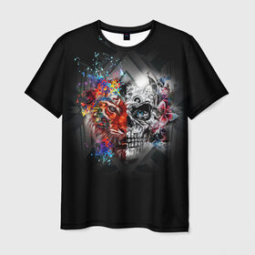 Мужская футболка 3D с принтом Art skull в Екатеринбурге, 100% полиэфир | прямой крой, круглый вырез горловины, длина до линии бедер | art | half | lion | skull | живопись | искусство | краски | лев | половина | череп