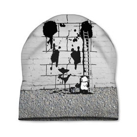 Шапка 3D с принтом Панда вандал в Екатеринбурге, 100% полиэстер | универсальный размер, печать по всей поверхности изделия | Тематика изображения на принте: бамбук | бамбуковый медведь | банка | животное | зубы | капли | когти | краска | красная книга | лапы | мишка | панда | подтеки | прикол | прикольный | рисует | следы | черный | япония
