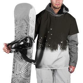 Накидка на куртку 3D с принтом Ночная полянка в Екатеринбурге, 100% полиэстер |  | бабочки | белый | кусты | ночь | цветы | чб | черно белое | черный