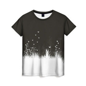 Женская футболка 3D с принтом Ночная полянка в Екатеринбурге, 100% полиэфир ( синтетическое хлопкоподобное полотно) | прямой крой, круглый вырез горловины, длина до линии бедер | бабочки | белый | кусты | ночь | цветы | чб | черно белое | черный