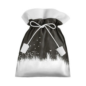 Подарочный 3D мешок с принтом Ночная полянка в Екатеринбурге, 100% полиэстер | Размер: 29*39 см | бабочки | белый | кусты | ночь | цветы | чб | черно белое | черный
