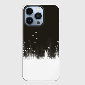 Чехол для iPhone 13 Pro с принтом Ночная полянка в Екатеринбурге,  |  | Тематика изображения на принте: бабочки | белый | кусты | ночь | цветы | чб | черно белое | черный