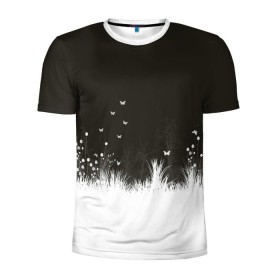 Мужская футболка 3D спортивная с принтом Ночная полянка в Екатеринбурге, 100% полиэстер с улучшенными характеристиками | приталенный силуэт, круглая горловина, широкие плечи, сужается к линии бедра | бабочки | белый | кусты | ночь | цветы | чб | черно белое | черный