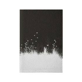 Обложка для паспорта матовая кожа с принтом Ночная полянка в Екатеринбурге, натуральная матовая кожа | размер 19,3 х 13,7 см; прозрачные пластиковые крепления | бабочки | белый | кусты | ночь | цветы | чб | черно белое | черный