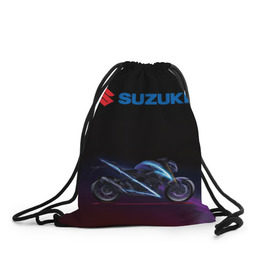 Рюкзак-мешок 3D с принтом Suzuki в Екатеринбурге, 100% полиэстер | плотность ткани — 200 г/м2, размер — 35 х 45 см; лямки — толстые шнурки, застежка на шнуровке, без карманов и подкладки | Тематика изображения на принте: suzuki | байк | мотик | мото | мотоцикл | спортбайк | сузуки