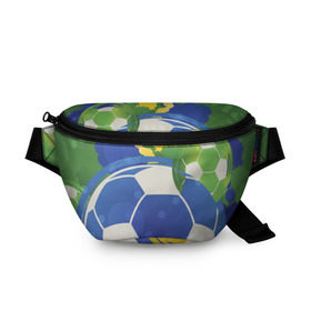 Поясная сумка 3D с принтом Яркий футбол в Екатеринбурге, 100% полиэстер | плотная ткань, ремень с регулируемой длиной, внутри несколько карманов для мелочей, основное отделение и карман с обратной стороны сумки застегиваются на молнию | бразилия | желтый | зеленый | игра | мяч | синий | цвет