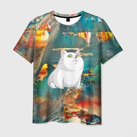 Мужская футболка 3D с принтом Белый котик в Екатеринбурге, 100% полиэфир | прямой крой, круглый вырез горловины, длина до линии бедер | cat | арт | взгляд | кот | кот хипстер | котёнок | котятки | котятушки | кошечки | кошка | мордочка