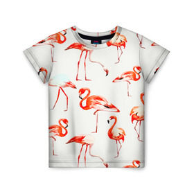 Детская футболка 3D с принтом Фламинго в Екатеринбурге, 100% гипоаллергенный полиэфир | прямой крой, круглый вырез горловины, длина до линии бедер, чуть спущенное плечо, ткань немного тянется | арт | птицы | текстура | фламинго
