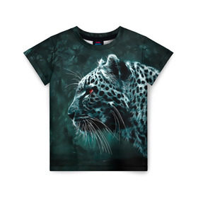 Детская футболка 3D с принтом Леопард неоновый в Екатеринбурге, 100% гипоаллергенный полиэфир | прямой крой, круглый вырез горловины, длина до линии бедер, чуть спущенное плечо, ткань немного тянется | Тематика изображения на принте: гепард | леопард | темный | хищник