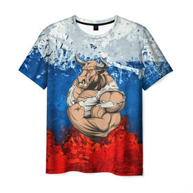 Мужская футболка 3D с принтом Буйвол в Екатеринбурге, 100% полиэфир | прямой крой, круглый вырез горловины, длина до линии бедер | abstraction | grunge | абстракция | буйвол | бык | краска | русский | триколор | я русский
