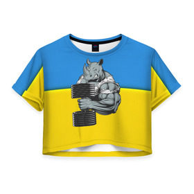 Женская футболка 3D укороченная с принтом Спортивный носорог в Екатеринбурге, 100% полиэстер | круглая горловина, длина футболки до линии талии, рукава с отворотами | abstraction | grunge | абстракция | два цвета | краска | носорог | украинец | я украинец