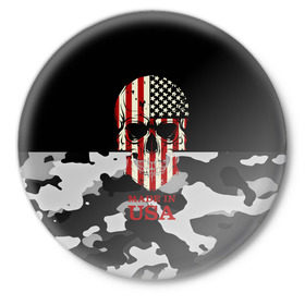 Значок с принтом Made in USA в Екатеринбурге,  металл | круглая форма, металлическая застежка в виде булавки | Тематика изображения на принте: camouflage | made in usa | skull | абстракция | америка | города | камуфляж | нация | страны | текстуры | череп