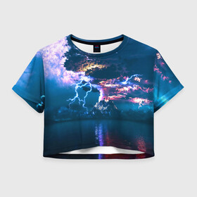 Женская футболка 3D укороченная с принтом Извержение вулкана в Екатеринбурге, 100% полиэстер | круглая горловина, длина футболки до линии талии, рукава с отворотами | вода | вулкан | выброс | горы | гроза | дым | лава | молнии | море | облака | океан | остров | пепел | разряд | стихия