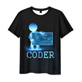 Мужская футболка 3D с принтом Coder - программист кодировщик в Екатеринбурге, 100% полиэфир | прямой крой, круглый вырез горловины, длина до линии бедер | it | programmer | голова | загрузка | код | надпись | неоновый | ноги | программный | руки | светящийся | страница | технологии | хакер | человек | человечек | шифровальщик | экран