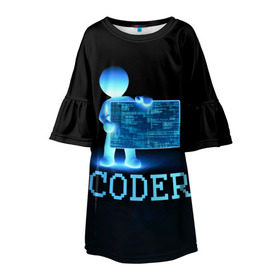 Детское платье 3D с принтом Coder - программист кодировщик в Екатеринбурге, 100% полиэстер | прямой силуэт, чуть расширенный к низу. Круглая горловина, на рукавах — воланы | it | programmer | голова | загрузка | код | надпись | неоновый | ноги | программный | руки | светящийся | страница | технологии | хакер | человек | человечек | шифровальщик | экран