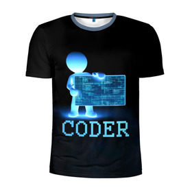 Мужская футболка 3D спортивная с принтом Coder - программист кодировщик в Екатеринбурге, 100% полиэстер с улучшенными характеристиками | приталенный силуэт, круглая горловина, широкие плечи, сужается к линии бедра | it | programmer | голова | загрузка | код | надпись | неоновый | ноги | программный | руки | светящийся | страница | технологии | хакер | человек | человечек | шифровальщик | экран